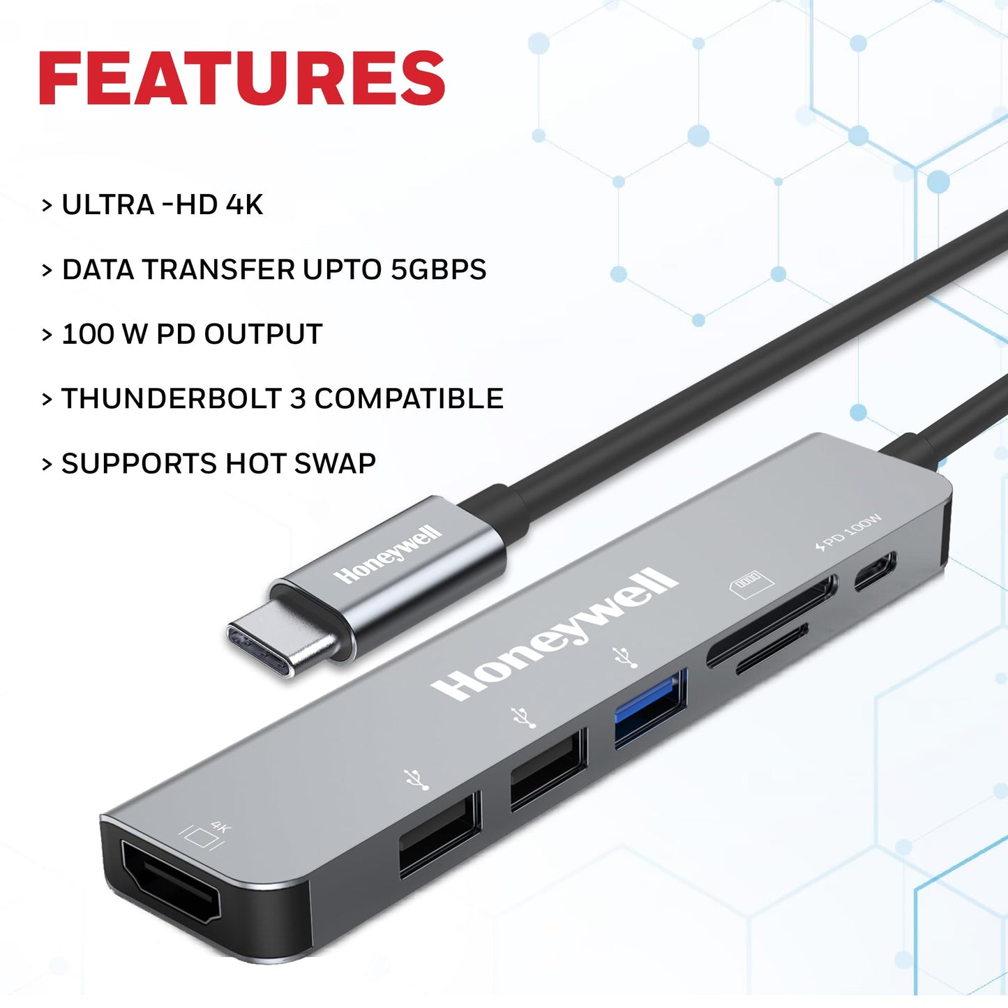 Honeywell Newly Launched 7-in-1 TypeC Docking Station with 4K HDMI,1xUSB 3.0,2xUSB 2.0 & TypeC 3.0 PD Charging 100W Port, SD & Micro SD Slot, for All Type C Devices- MacBook Laptop, PC, Thunderbolt 3