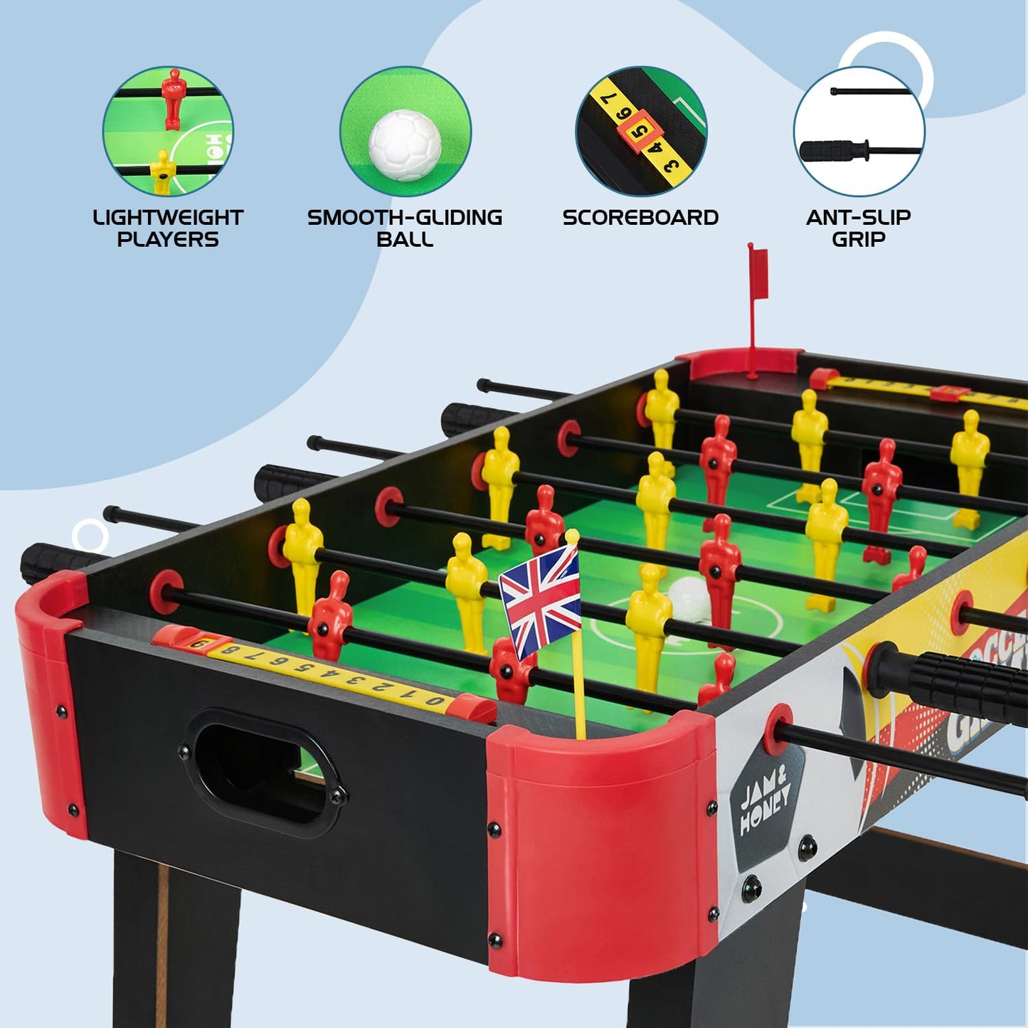 Amazon Brand - Jam & Honey Foosball Table - Big | Indoor Soccer Game for Boys & Girls | Perfect for Home, Resorts, Hotels, Schools | 6 Rows with 6 Handles, 18 Players