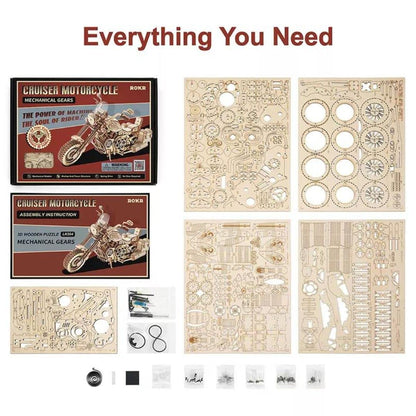 NESTA TOYS Cruiser Motorcycle Puzzle (420 Pcs) Mechanical 3D Wooden Gear Puzzles for Kids | Building Toys for Kids | STEM Learning DIY Kits for Adults | Bike Model Kit