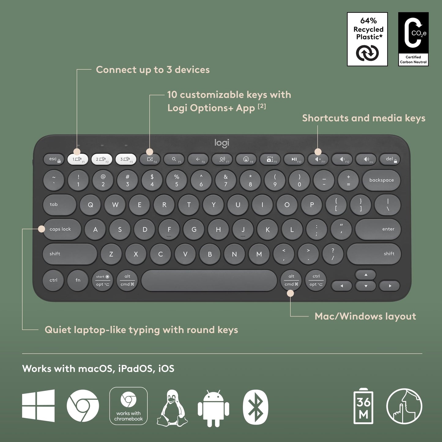 Logitech Pebble Keys 2 K380s, Multi-Device Bluetooth Wireless Keyboard with Customisable Shortcuts, Slim and Portable, Easy-Switch for Windows, macOS, iPadOS, Android, Chrome OS - Tonal Graphite