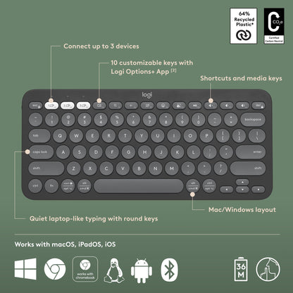 Logitech Pebble Keys 2 K380s, Multi-Device Bluetooth Wireless Keyboard with Customisable Shortcuts, Slim and Portable, Easy-Switch for Windows, macOS, iPadOS, Android, Chrome OS - Tonal Graphite