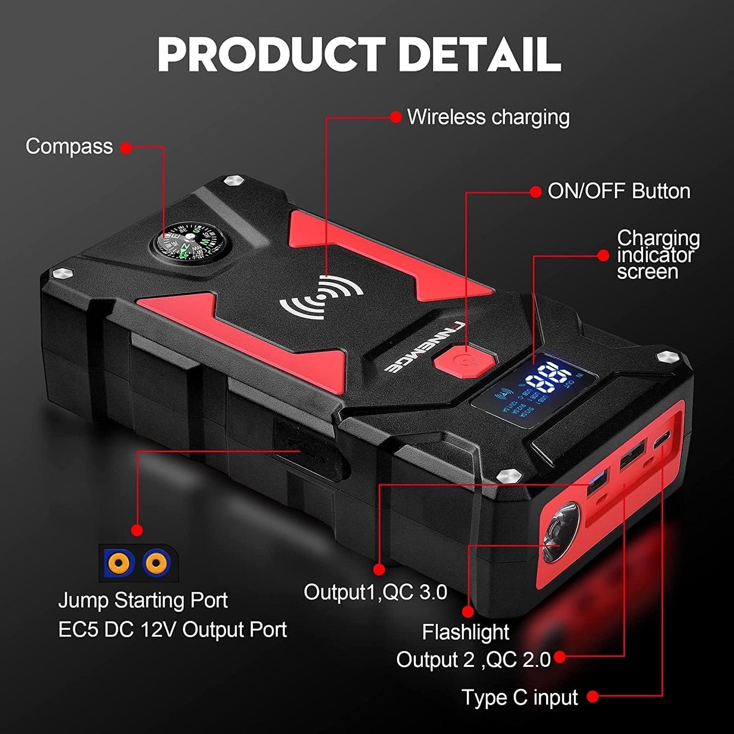 FNNEMGE Car Jump Starter 6000A Peak, 26800mAh Capacity, Up to All Gas and 10.0L Diesel Engine, USB Quick Charge 3.0, LED Light, EC-5 Output (6000A/26800mAh)