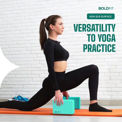 Boldfit Yoga Blocks Set of 2 and Belt High Density Foam Yoga Bricks Pack of 2 for Stretching, Balancing Yoga Bricks, Yoga Block Premium Yoga Accessories for Women & Men Yoga Equipment with Strap Green