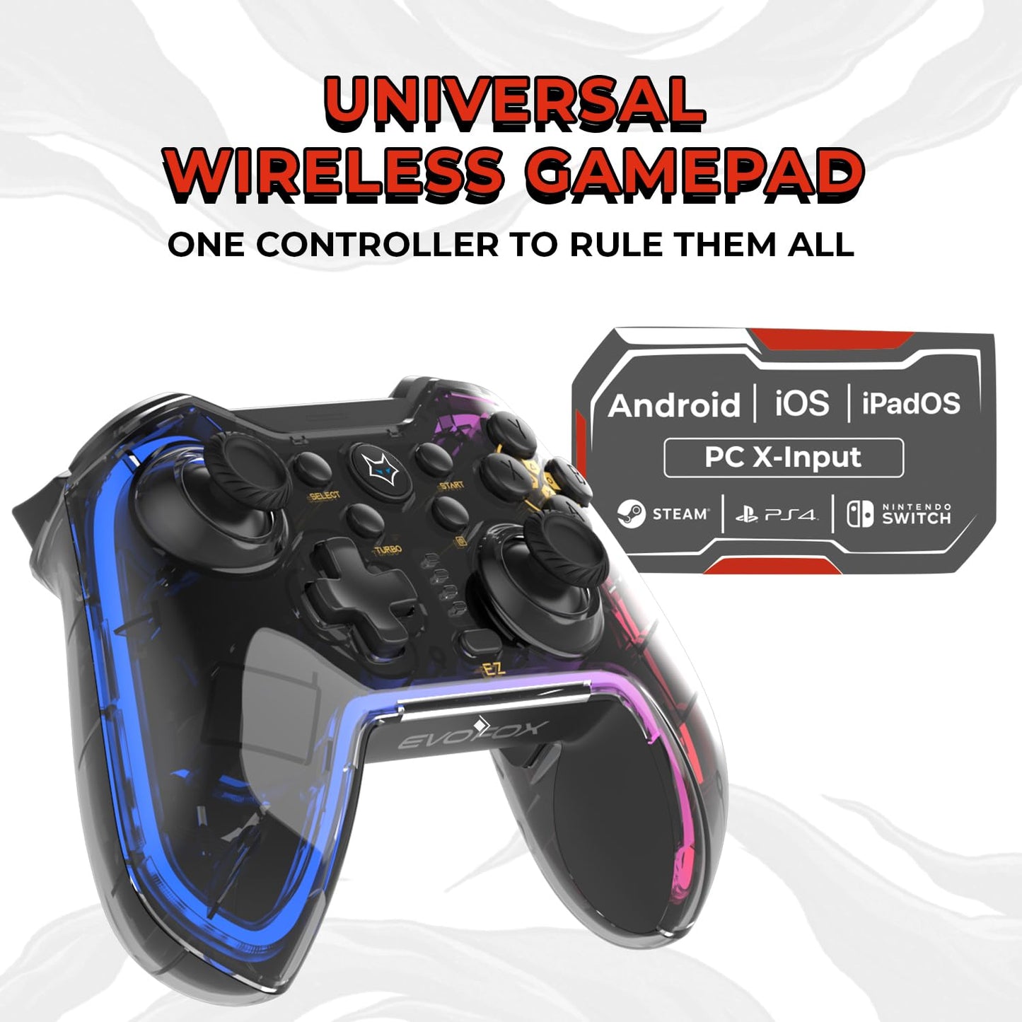 EvoFox One Universal Bluetooth Gamepad For PC, iOS, iPadOS, Android and PS4, Dynamic Rgb Lights, Transparent Design, Programable Buttons, Turbo Mode with The Dojo App, Detachable Mobile Clamp, and More