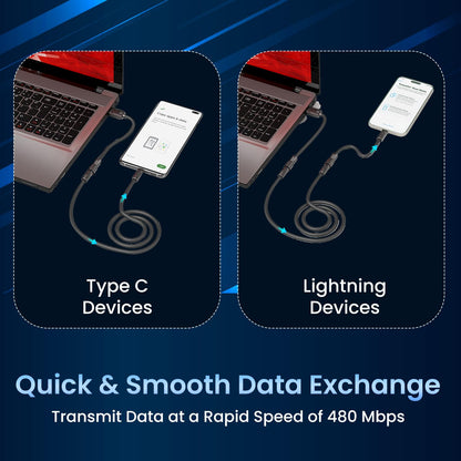 Portronics Konnect Tetra 60W 4 in 1 Multi Functional Fast Charging PD Cable with 1.4M Length, 480Mbps Data Sync, Compatible with All Type C Android Smartphone & Lightning Device(Black)