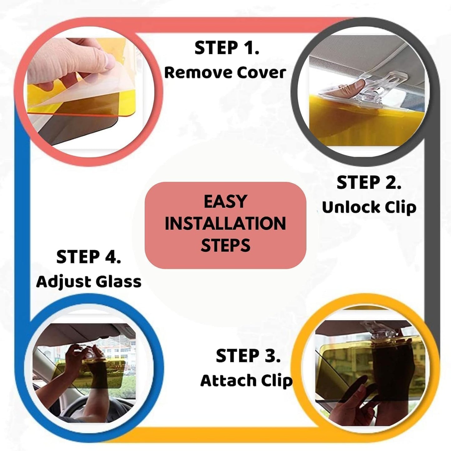 Steps of installation of car sun visor extender anti-glare vision for day and night