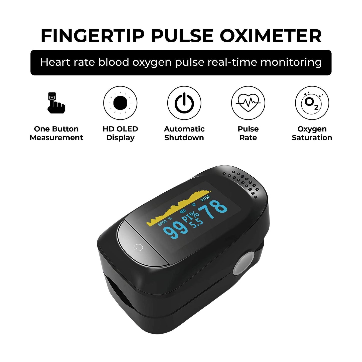 DR VAKU® Professional Pulse Oximeter Fingertip, SpO2 and PR Value Waveform Perfusion Index Blood Oxygen Saturation with Sleep Monitoring Function for Sports and Home - Lanyard Included - Black