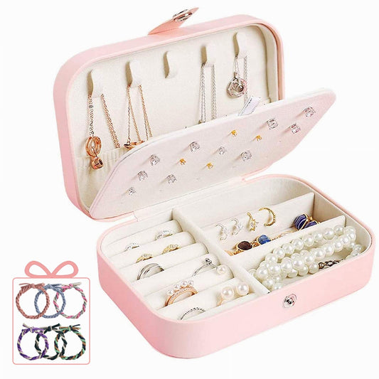 DREAM&GLAMOUR Faux Leather Travel Jewelry Organizer Box, Easy Carry Jewelry Box For Traveling, Gift Jewelry Case For Women, Girls(Earing, Necklace, Ring, Watch, Bracelet, Lovely Pink)