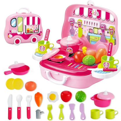 URBAN TOYS 26 Pcs Kitchen on Wheels Plastic Cooking Pretend Play Kitchen Toy Set for Boys and Girls | Suitcase Bag with Wheels, Food Party Role Play for Kids