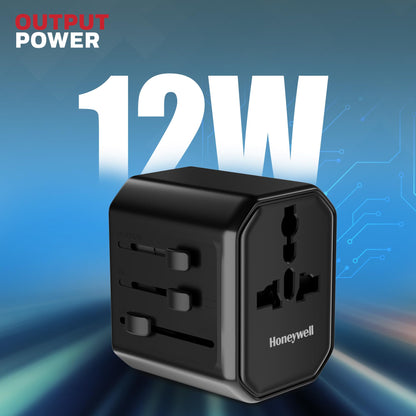 Honeywell New Launch Universal Travel Adapter 12W, 3-in-1 Fast Charging, Universal Socket, TypeC, USBA, Worldwide Wall Charger for EU,US,UK & CN/AUS, Devices, 3Yr Manufacturer Warranty