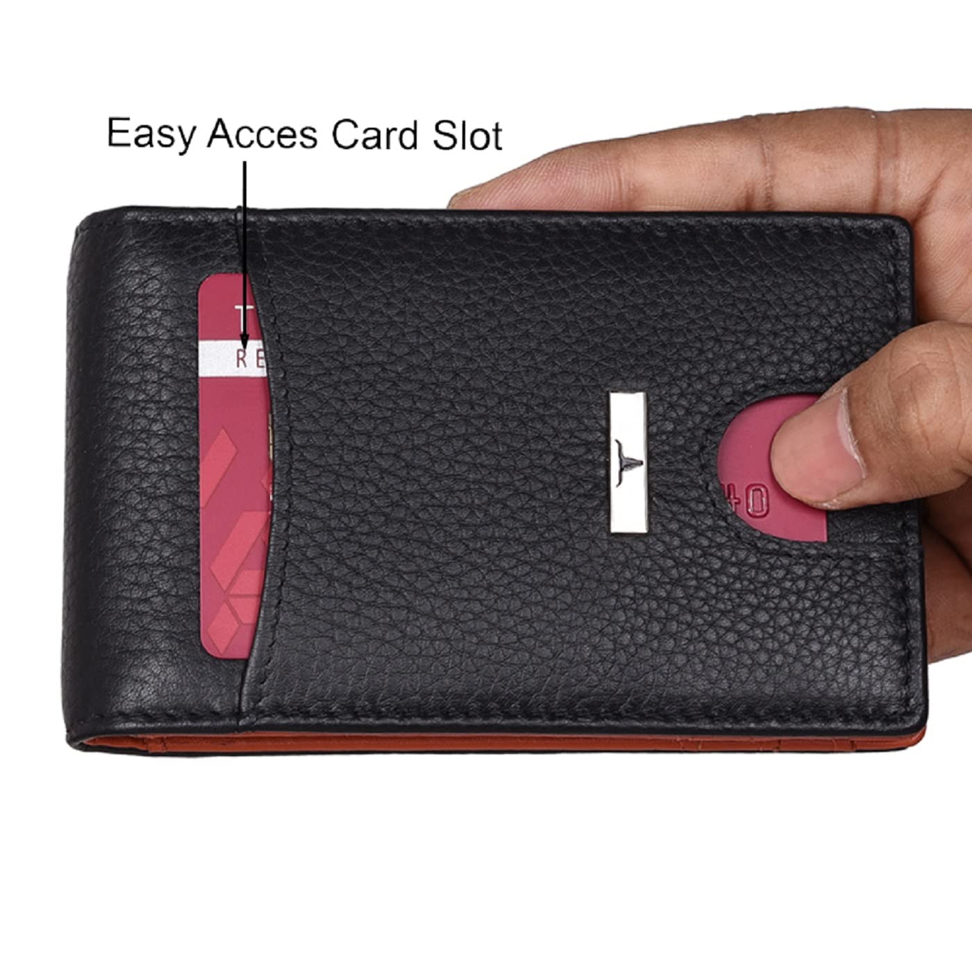 URBAN FOREST Eddy Black/Orange Money Clip Leather Wallet for Men - Minimal Leather Wallet for Men