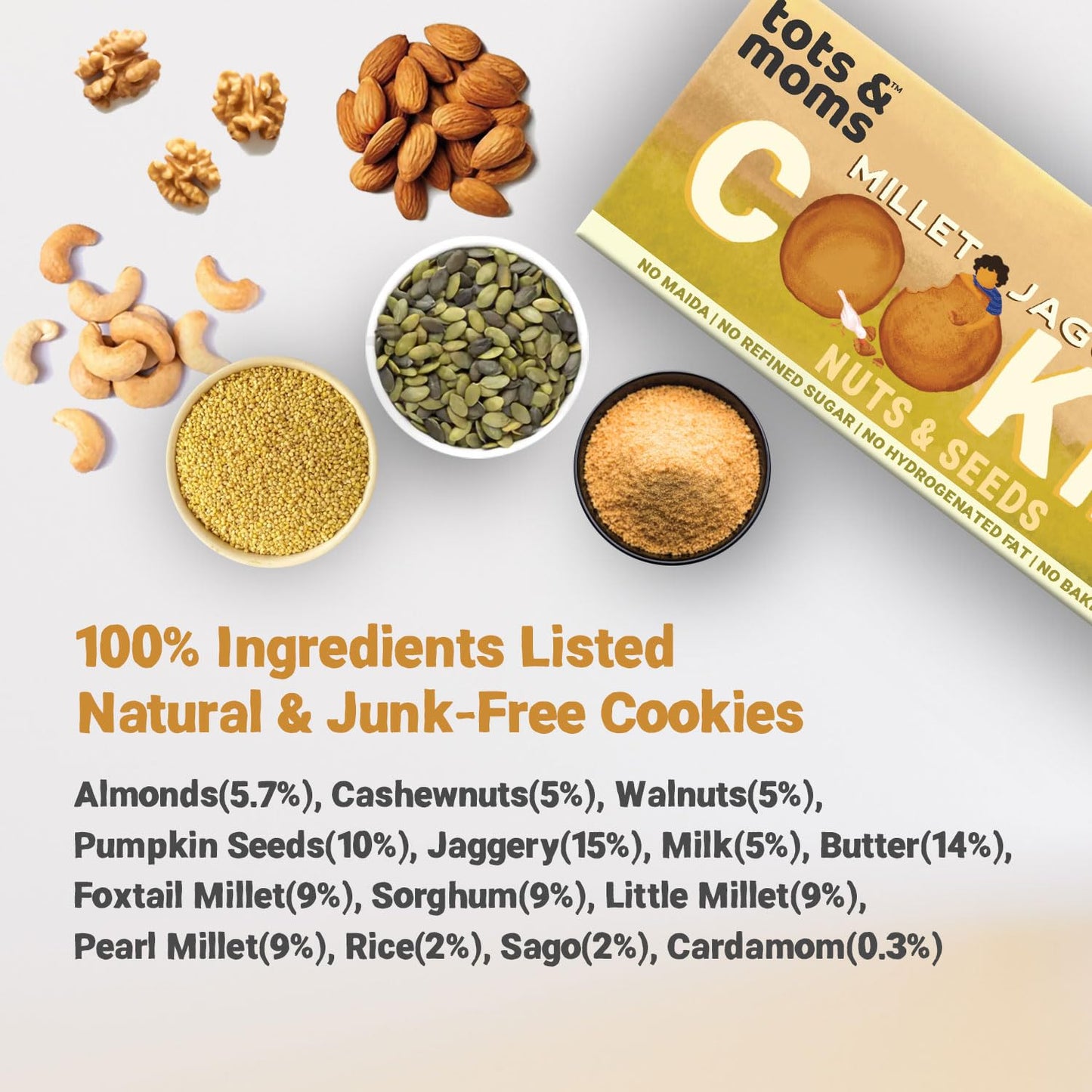 Tots & Moms NO Maida NO Sugar - Nuts & Seeds Cookies | Millet & Jaggery Biscuits for kids | Made with Multi Millets, Nuts, Seeds, Butter & Jaggery | 150g