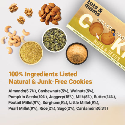 Tots & Moms NO Maida NO Sugar - Nuts & Seeds Cookies | Millet & Jaggery Biscuits for kids | Made with Multi Millets, Nuts, Seeds, Butter & Jaggery | 150g