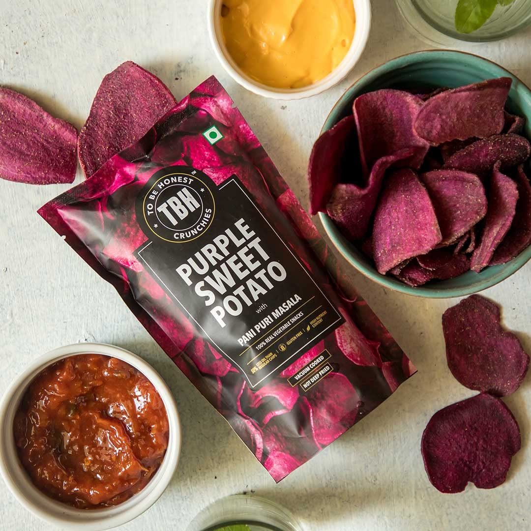 TBH - To Be Honest Vegetable Chips | Purple Sweet Potato with Pani Puri Masala |Gluten Free|High Fibre |Vegan Friendly | Low Fat | 50% Less Oil | No Preservatives Snack - Pack of 3 (75 gm * 3)