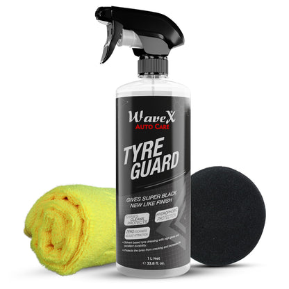 Wavex Tyre Polish for Car and Bike (1L) | With Black Foam Applicator and Microfiber Cloth| Gives Lustrous Dark, Long Lasting Super Black Shine - Non-Greasy, Super Hydrophobic