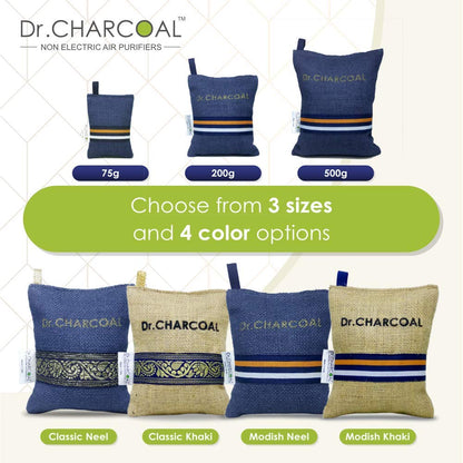 There are 4 color options, and 3 different sizes of Dr. CHARCOAL Air Purifier Bags