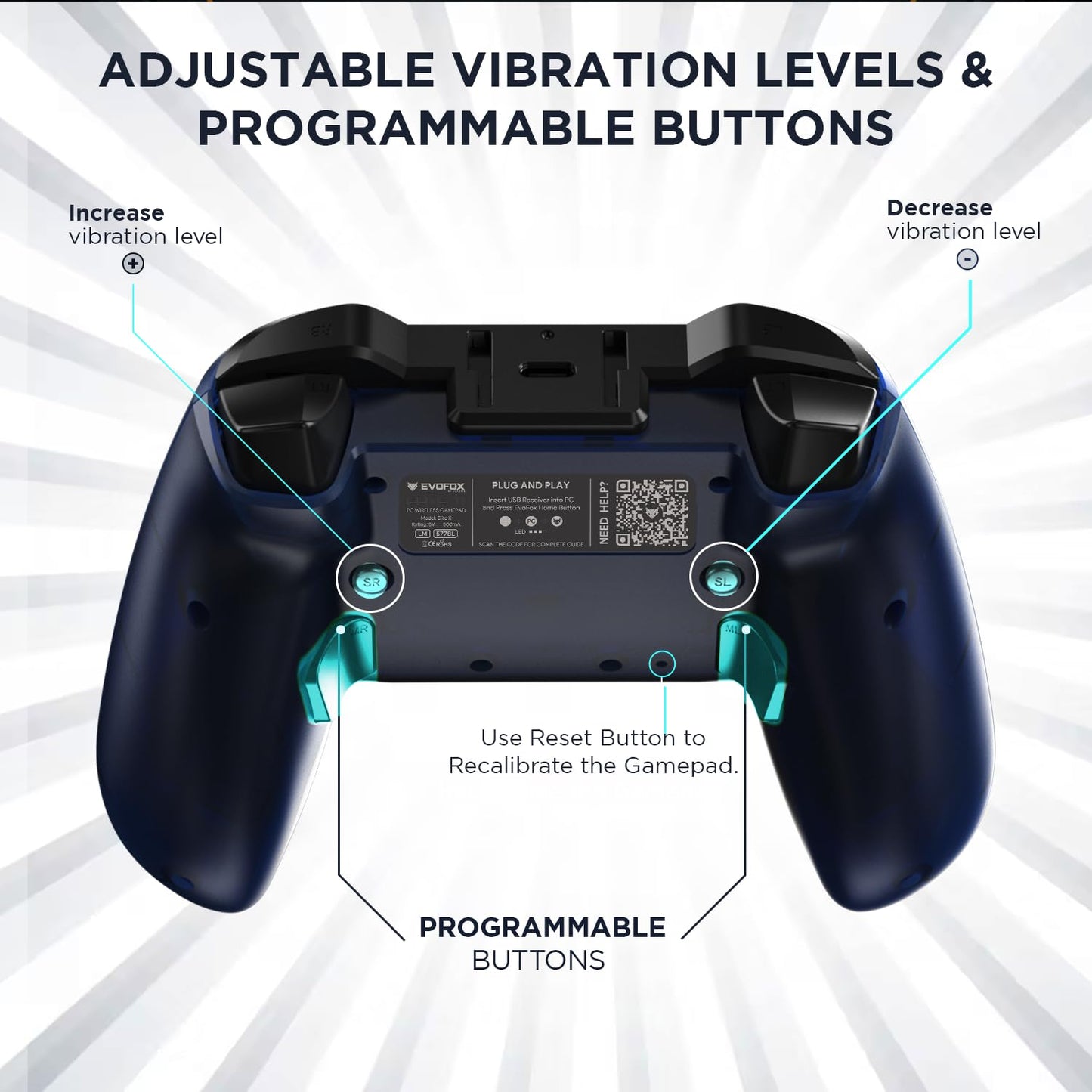 EvoFox Elite X Wireless Gamepad for PC with 2 Programmable Macro Back Buttons, Adjustable Dual Vibration Motors,Turbo Mode,Analog Triggers, High Precision joysticks,Low Latency Plug and Play,Free USB Extender,Translucent Shell Controller for pc (Blue)