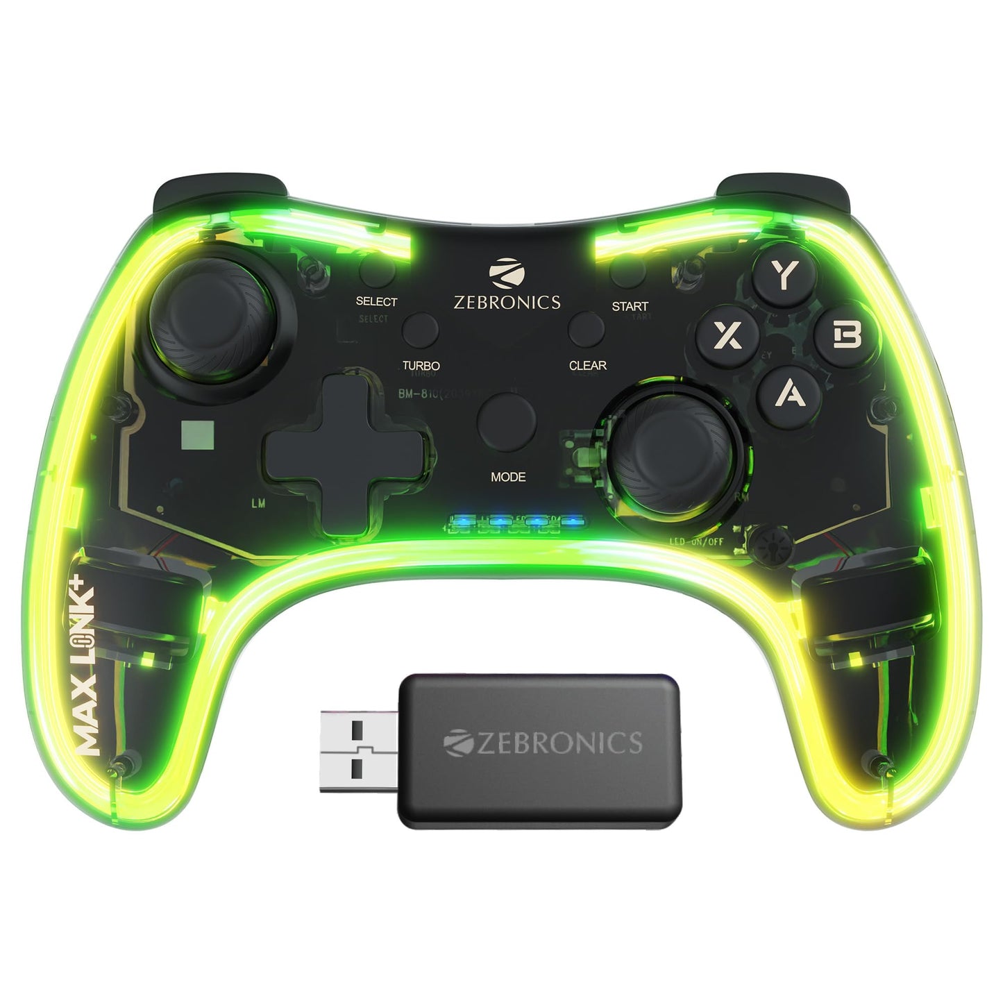 ZEBRONICS MAX LINK + Wireless Gamepad, Dual motors Haptic feedback, Built-in rechargeable battery, RGB light, Plug & play, Supports (Windows | Android | PS3 | PS4 | XBOX 360)