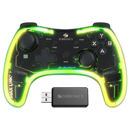 ZEBRONICS MAX LINK + Wireless Gamepad, Dual motors Haptic feedback, Built-in rechargeable battery, RGB light, Plug & play, Supports (Windows | Android | PS3 | PS4 | XBOX 360)