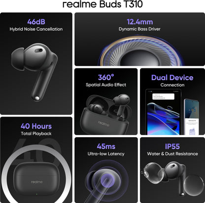 realme Buds T310 Truly Wireless in-Ear Earbuds with 46dB Hybrid ANC, 360° Spatial Audio, 12.4mm Dynamic Bass Driver, Upto 40Hrs Battery and Fast Charging (Vibrant Black)