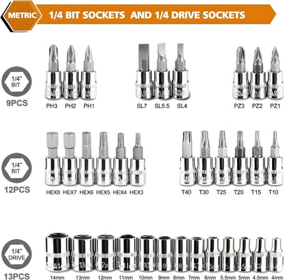 Quicknik Heavy Duty 1/4" Combinational Ratchet Socket Wrench Spanner 46 Pieces Chrome Vanadium Hand Tool Kit Set For Repairing Work, DIY, Auto Repairs Car & Bike