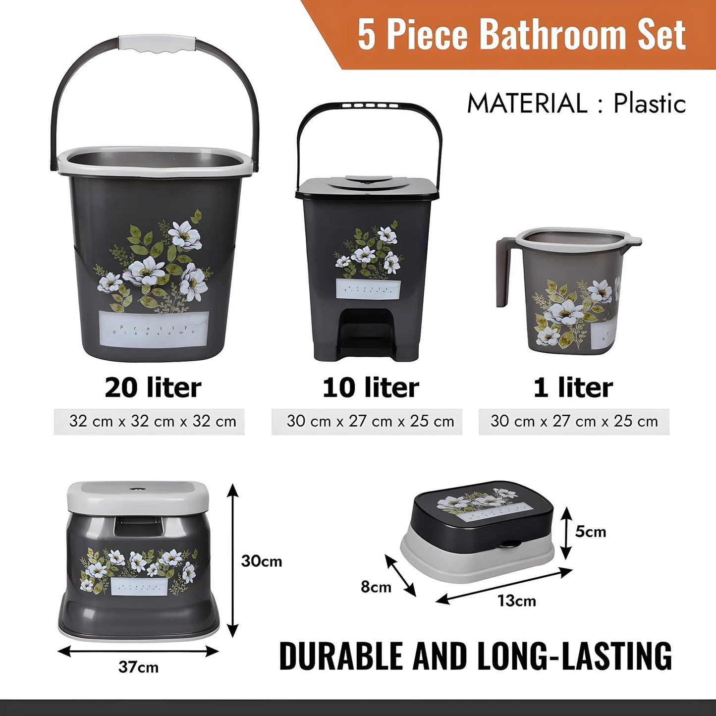 Kuber Industries Bathroom Set | Plastic Bathroom Combo Set | Bucket-Stool-Mug-Dustbin-Soap Holder Set for Bathroom | Modern Bath Set | Printed Bathroom Set | Set of 5 | Gray