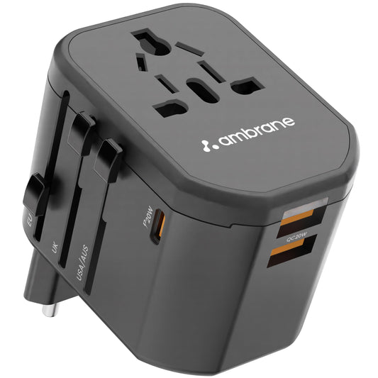 Ambrane Universal Travel Adapter, 4 in 1 Fast Charging; 1 Type C (20W), 2 USB (20W) & 1 AC Socket (880W) with 3 Removable pins for EU, UK and USA/AUS and Other Countries for Modern Travel (ATA-01)