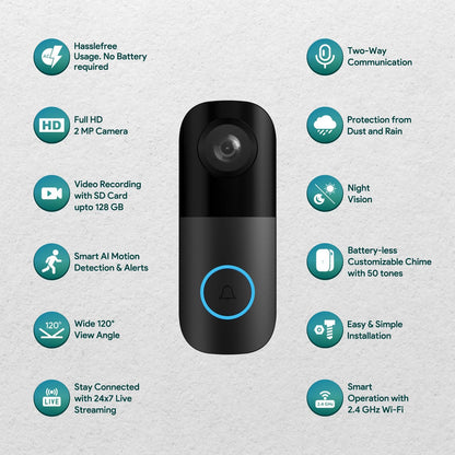 wipro Smart Wi-Fi Video Doorbell | 2 MP 1080p Full HD Camera with Night Vision | Two-Way Communication | AI Motion Detection | Indoor Chime with 50 Tunes | Rain & Dust Proof | Black