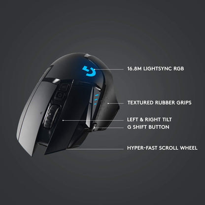 Logitech G502 Lightspeed Wireless Gaming Mouse, Hero 16K Sensor, 16,000 DPI, RGB, Adjustable Weights, 11 Programmable Buttons, Long Battery Life, On-Board Memory, PC/Mac - Black (910005569)