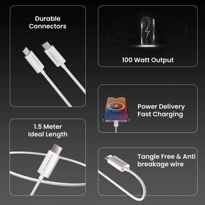 HAMMER 1.5 Meter Type C to Type C 5A (100W) PD Fast Charging Cable with EMK Chip, Rapid Data Transfer, Anti-Breakage Wire, Compatible with all C-Type Enabled Devices (White)