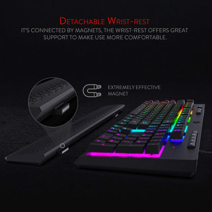 Redragon Shiva K512 RGB Backlit Membrane Wired Gaming Keyboard with Multimedia Keys, 6 Extra On-Board Macro Keys, Dedicated Media Control, Detachable Wrist Rest- Black