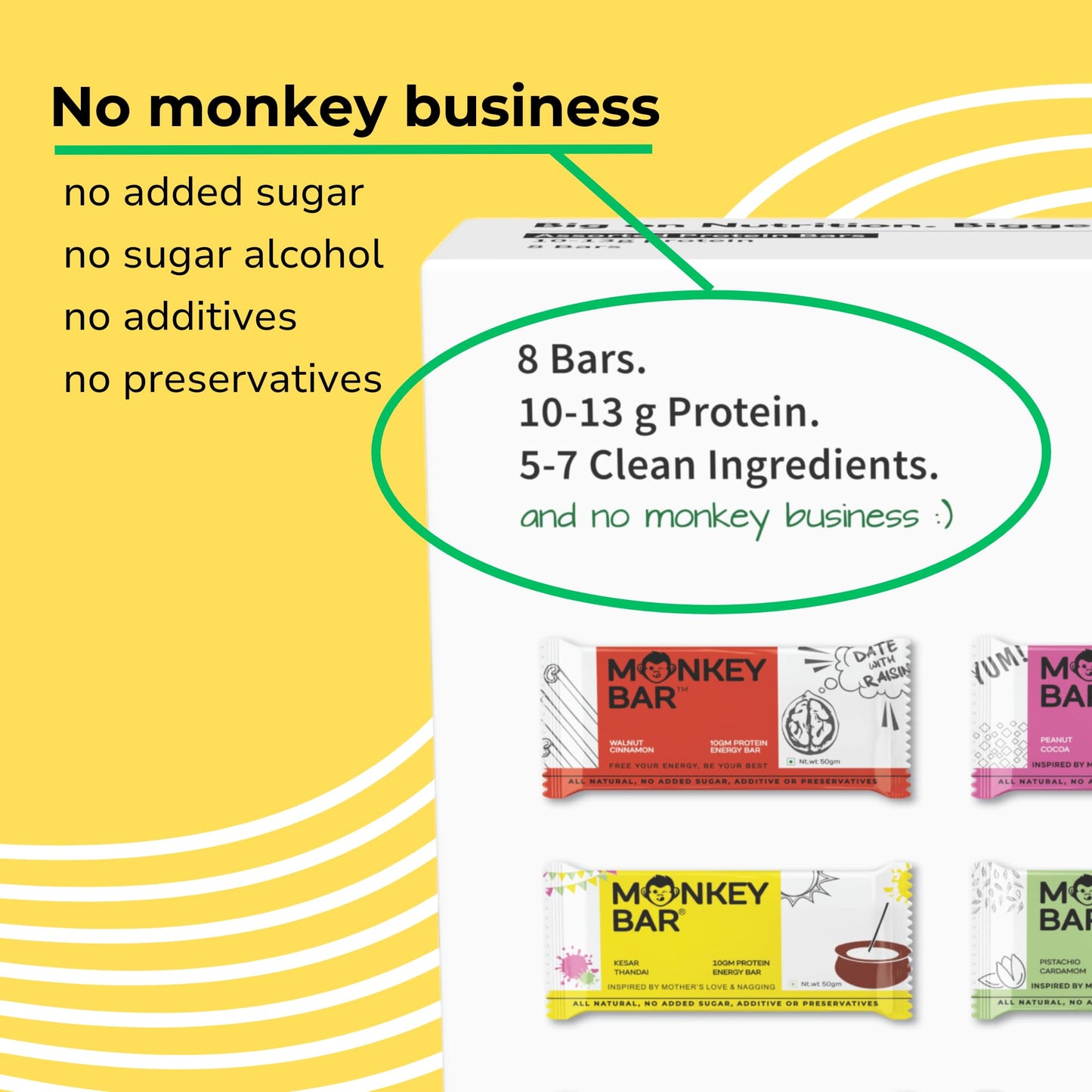 MONKEY BAR - Assorted Protein Bars - 8 Pack, 50grams each, 10-13g Protein, Healthy & High Protein Snack Bar, No Added Sugar, 5-7 All Natural Ingredients, 8 Delicious Flavours, Clean Energy