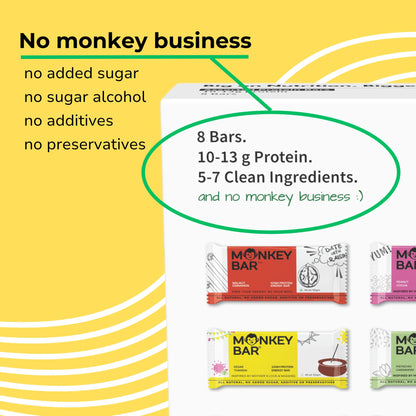 MONKEY BAR - Assorted Protein Bars - 8 Pack, 50grams each, 10-13g Protein, Healthy & High Protein Snack Bar, No Added Sugar, 5-7 All Natural Ingredients, 8 Delicious Flavours, Clean Energy