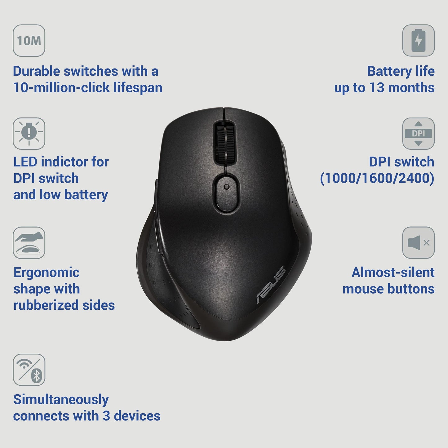 ASUS MW203 Multi-Device Wireless Silent Mouse, 2.4GHz with USB Nano Receiver, 2400 DPI Optical Tracking, 6 Buttons, Compatible with PC/Laptop - Black (MW203 (Black))