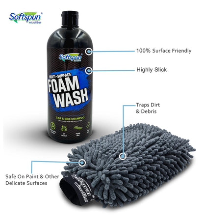 SOFTSPUN Microfiber 1700gsm 1pcs Glove Grey + 1Ltr Car & Bike Premium Liquid Shampoo Combo | Extra Suds, Removes Tough Dirt & Grime | pH Neutral | Works with Bucket & Foam Cannon