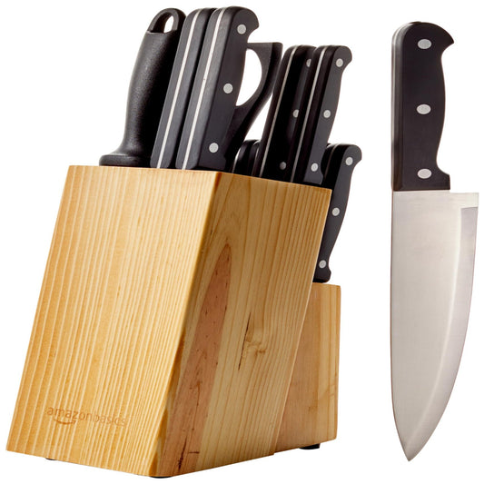 amazon basics Stainless Steel Knife Set with High-carbon Blades and Pine Wood Block, 14 Pieces