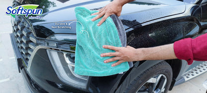 SOFTSPUN Microfiber Cloth for Car 1600 GSM 40x60 cms 1 Pcs Aqua Blue & Grey Twisted Loop Super Absorbent Towel - Edgeless Design with Plush Pile and Lint Free Cloth for Drying and Detailing.