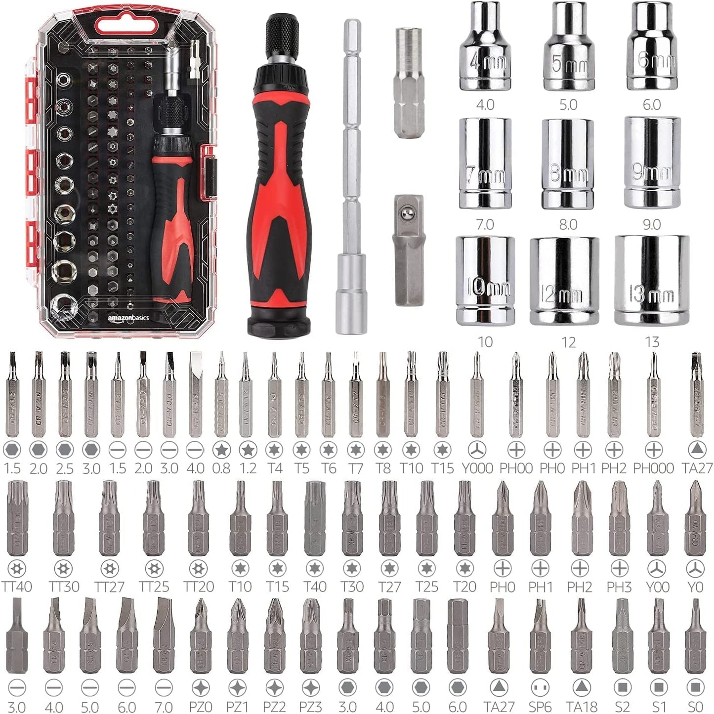 amazon basics 73-Piece Magnetic Ratchet Wrench and Screwdriver Set, 8 x 4.6 x 1.3 inch