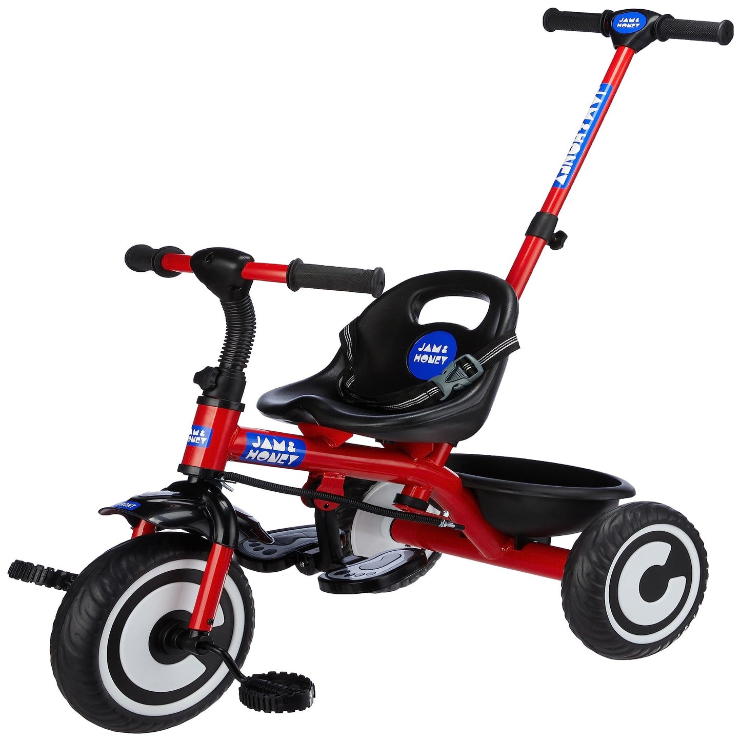 Amazon Brand - Jam & Honey Tricycle for Kids | Plug N Play | Parental Handle and Seatbelt (Red)