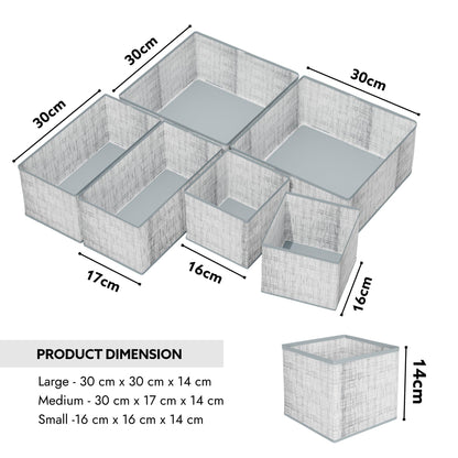 Kuber Industries 6 Piece Foldable Drawer Organizer | Wardrobe Organizer for Clothes | Storage Box for Socks, Bra, Tie, and Scarfs | Stationary & Cabinet Organizer | Jute-Print | Grey