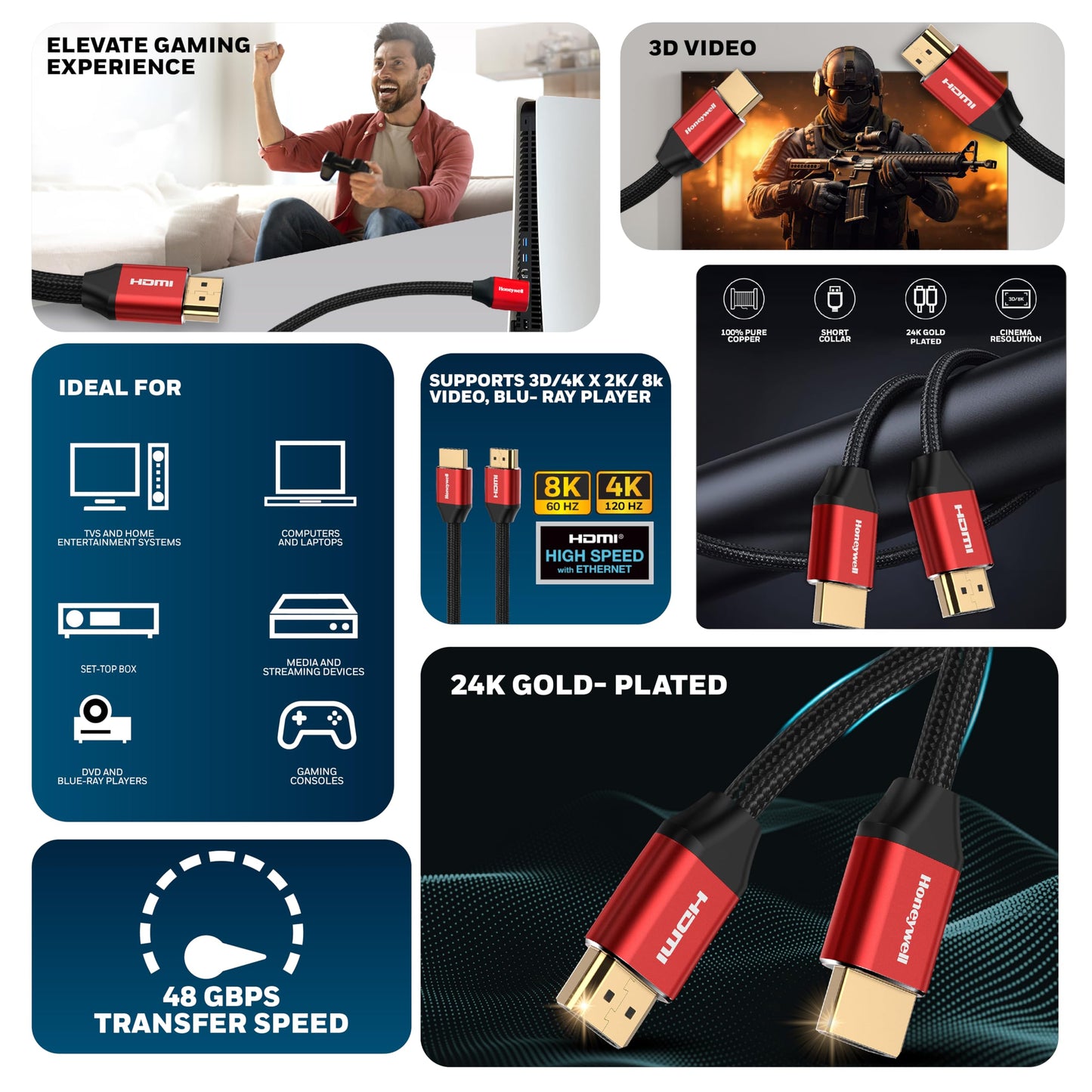 Honeywell HDMI Cable 2.1 with Ethernet, 8k@60Hz, 4K@120Hz UHD Resolution, (9.8ft/3M), 48 GBPS Transmission Ultra High Speed, Dolby DTS, eARC, 3D,Male-to-Male,Compatible with All HDMI-Enabled Devices