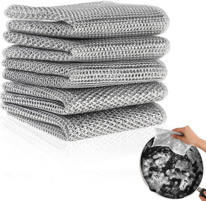 AKRIZA 5Pcs Multifunctional Non Scratch Dish Wash Cloth Double Layered Steel Wire Dishwashing Rags for Wet and Dry Stainless Steel Scrubber for Utensils Kitchen Accessories Items Cleaning Supplies