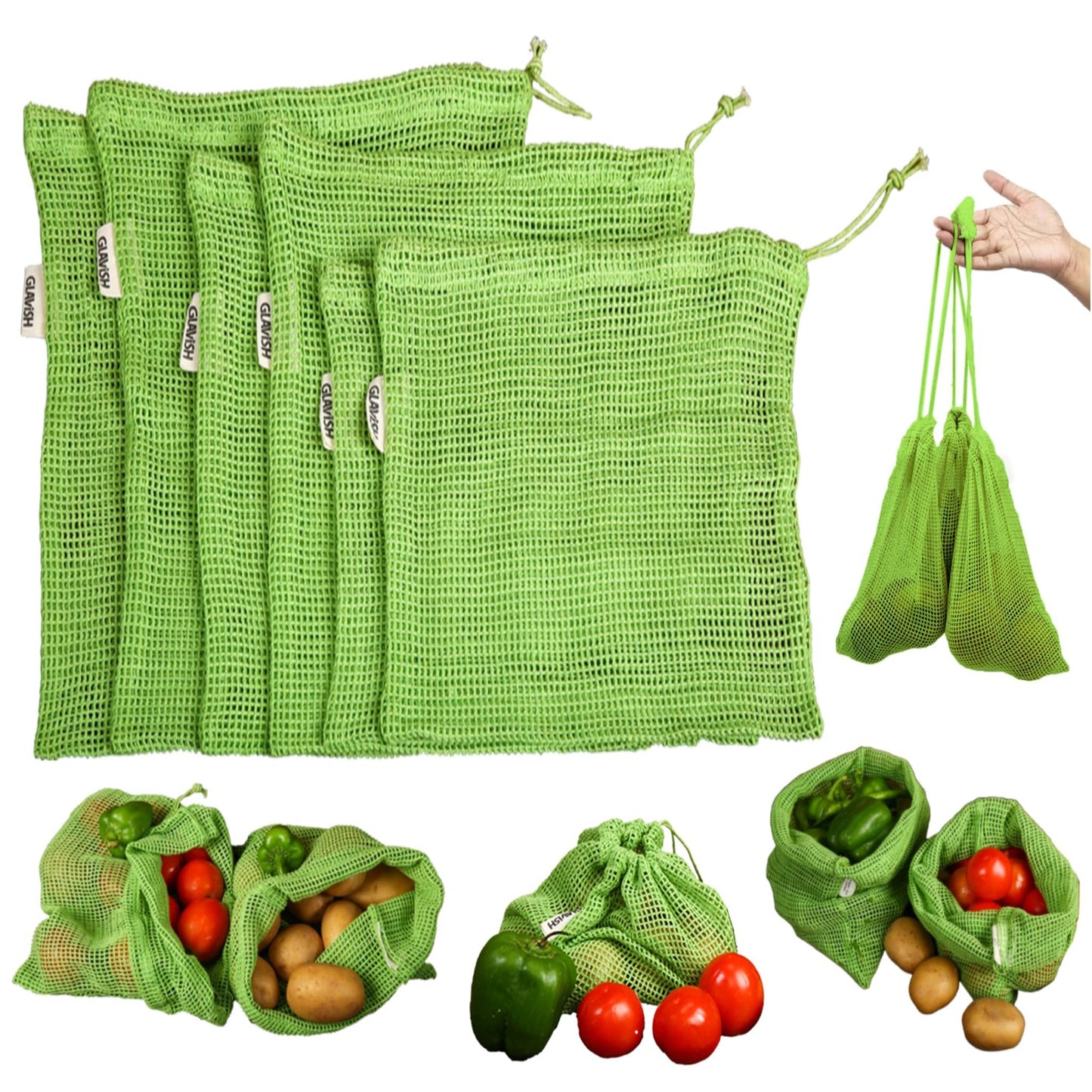 GLAVISH 100% cotton Set Of 6, Reusable Fridge Storage Bags For Vegetables and Fruit, Multi-purpose Eco-friendly cotton mesh net bag for Freezer Organiser (2x Small, 2x Medium, 2x Large)