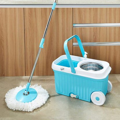 Amazon Brand - Presto! Elite Spin Mop with Steel Wringer and Auto-fold Handle, Blue, 2 Refills