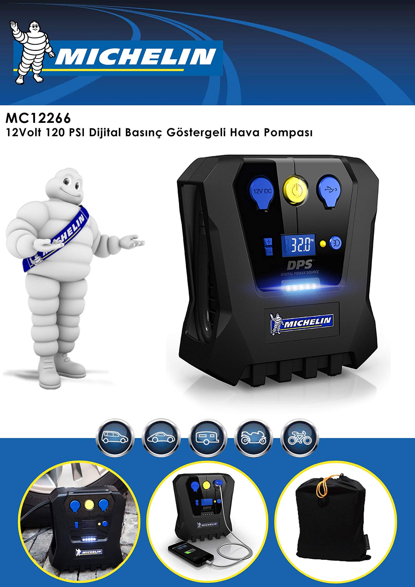 MICHELIN 12266 High Power Rapid Tyre Inflator with Pre-Set, USB Mobile Charging, 12V DC socket, LED Lights, and large back lit display