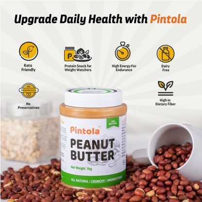 Pintola All Natural Peanut Butter Creamy 1kg | Smooth | Unsweetened | 30g Protein | Gluten & Cholesterol Free, Vegan Peanut Butter, Nut Butter, High in Protein Spread, 100% Pure Roasted peanuts butter