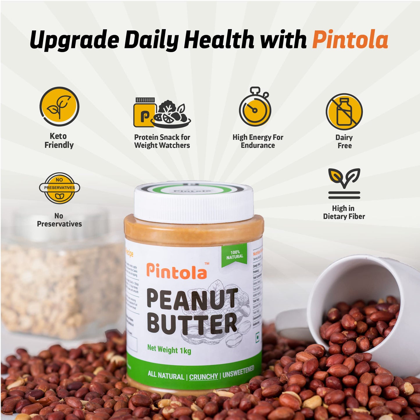 Pintola All Natural Peanut Butter Crunchy 1kg | Unsweetened | 30g Protein | Vegan Peanut Butter, 100% Pure Roasted Peanuts | Non Gmo | High in Protein Spread, Gluten & Cholesterol Free, Nut Butter