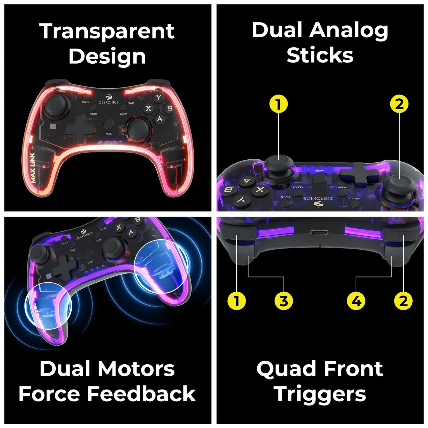 ZEBRONICS MAX LINK Wireless Gamepad, Dual motors Haptic feedback, Built-in rechargeable battery, RGB light, Plug & play, Supports (Windows | Android)