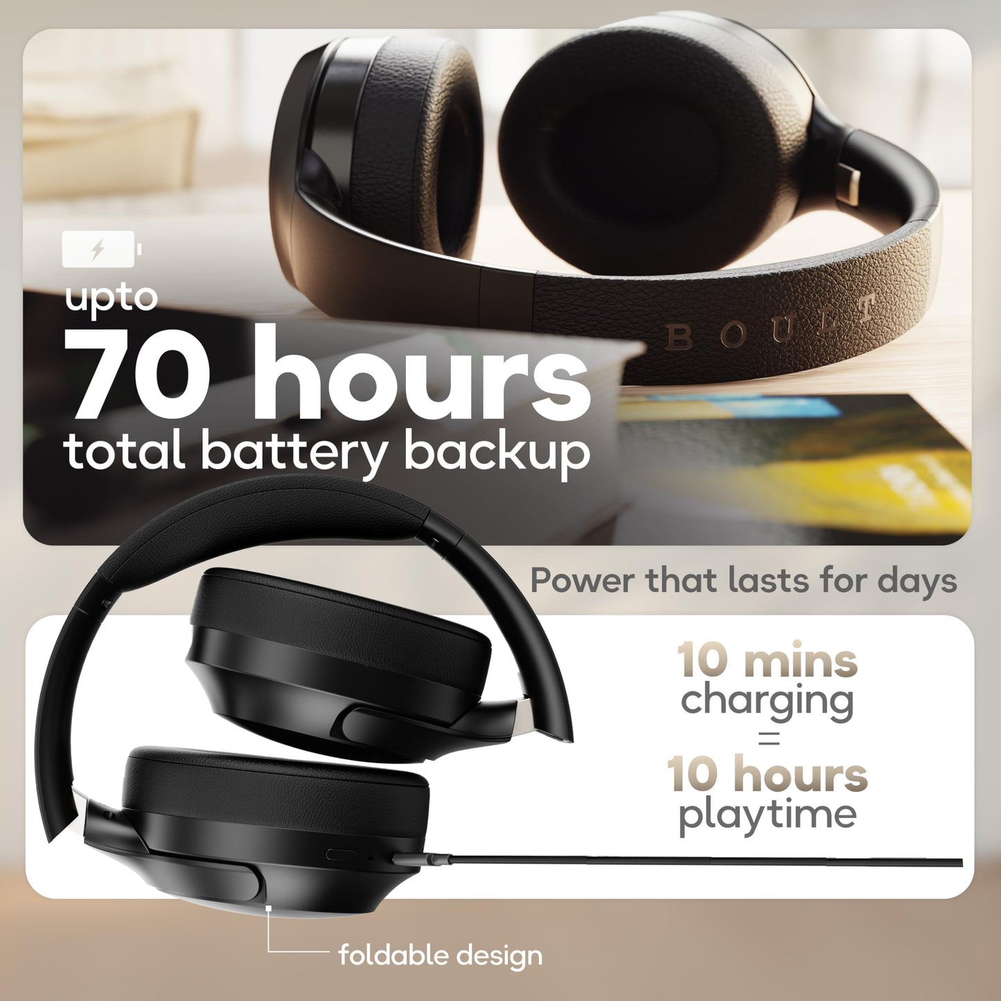 Boult Newly Launched Q Over Ear Bluetooth Headphones with 70H Playtime, 40mm Bass Drivers, Zen™ ENC Mic, Type-C Fast Charging, 4 EQ Modes, Bluetooth 5.4, AUX Option, IPX5 Wireless Headphones (Black)