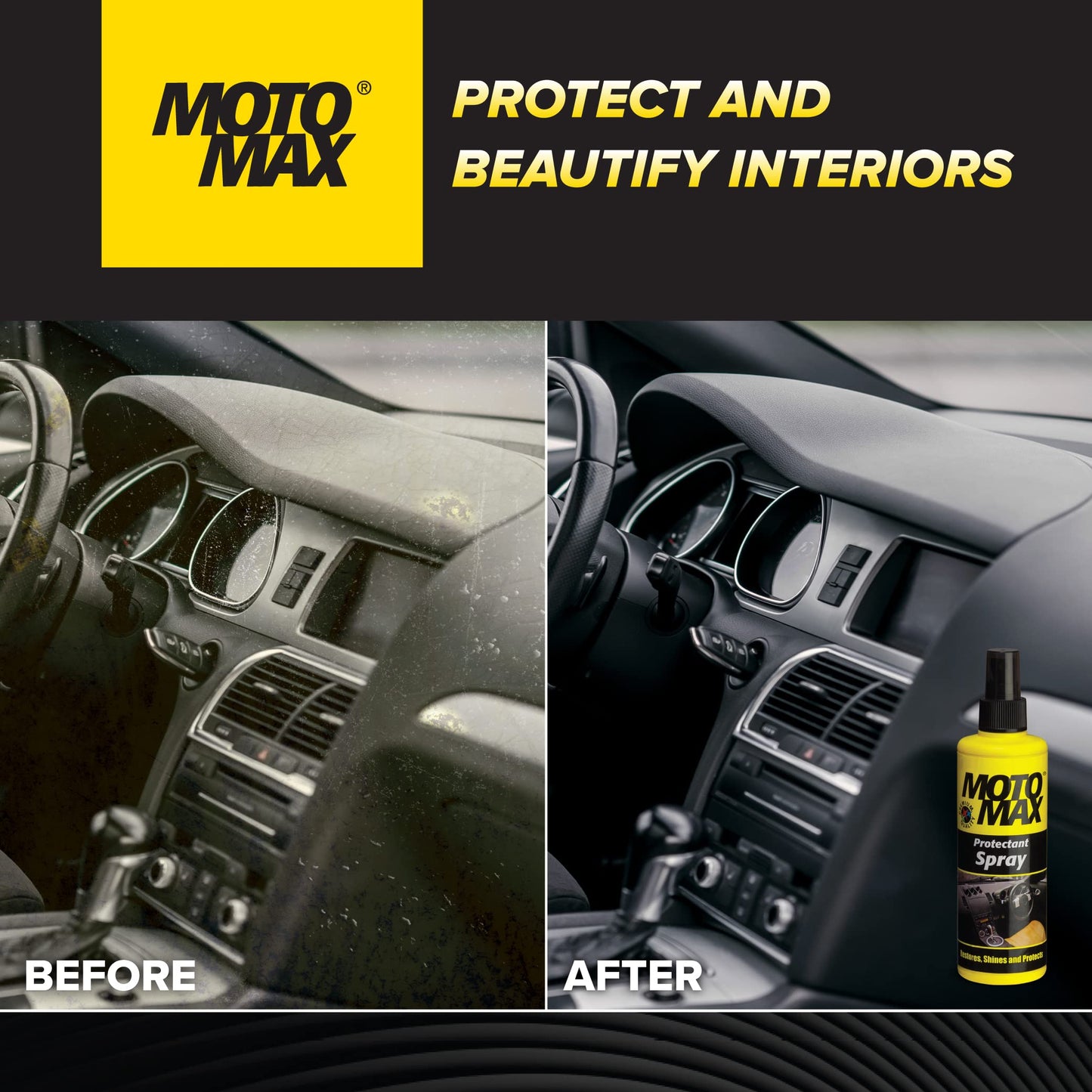 Motomax Protectant Spray (200 ml)| Repels dust, pollutants| Protect, Restore faded vinyl, plastic, leather, dashboard, rubber, tyres of Cars, Bikes, Motorcycles & Scooty| Provides long lasting shine